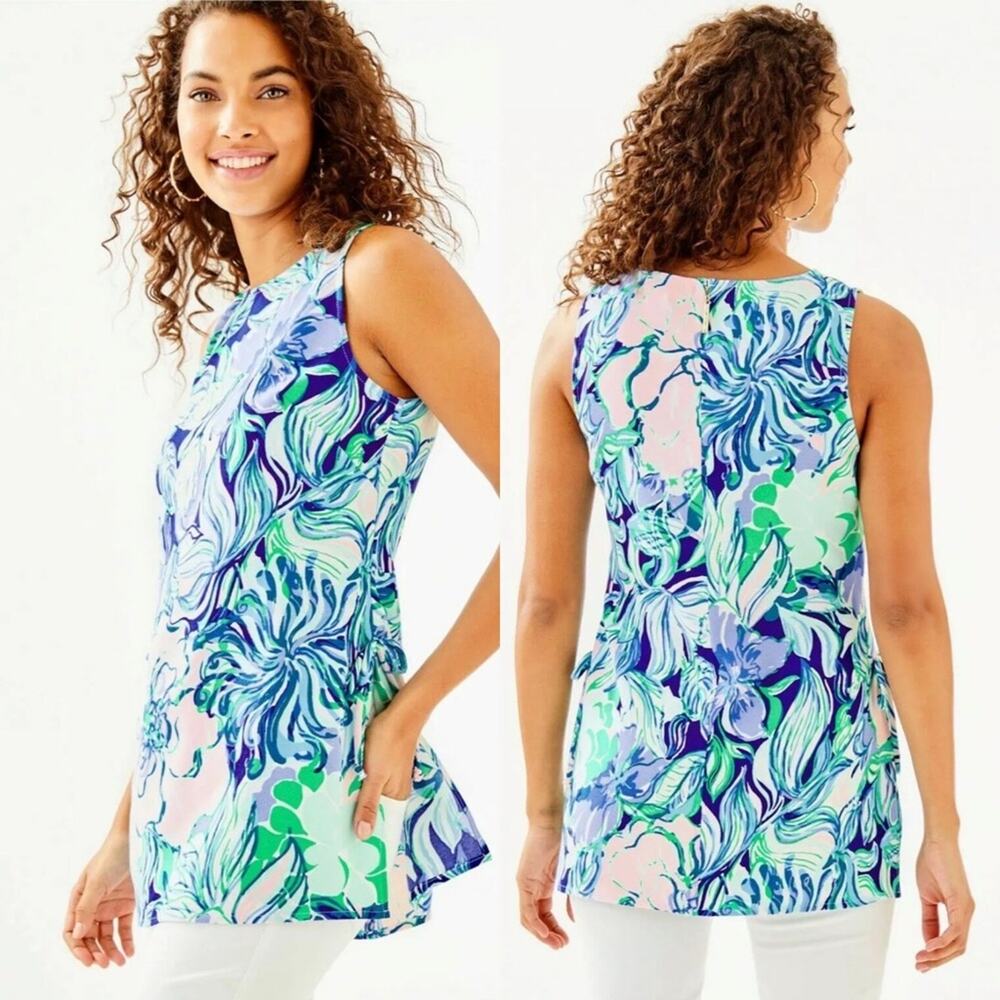 Lilly Pulitzer Donna Top Multi Party Thyme Tie Side Tunic Sleeveless Tank XS - Picture 1 of 12